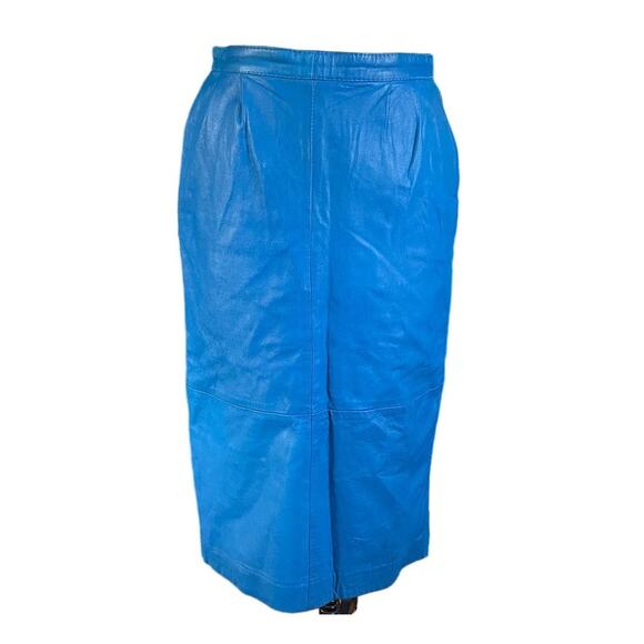 Vintage Nina Ricci Blue Leather Midi Skirt Size 8-10